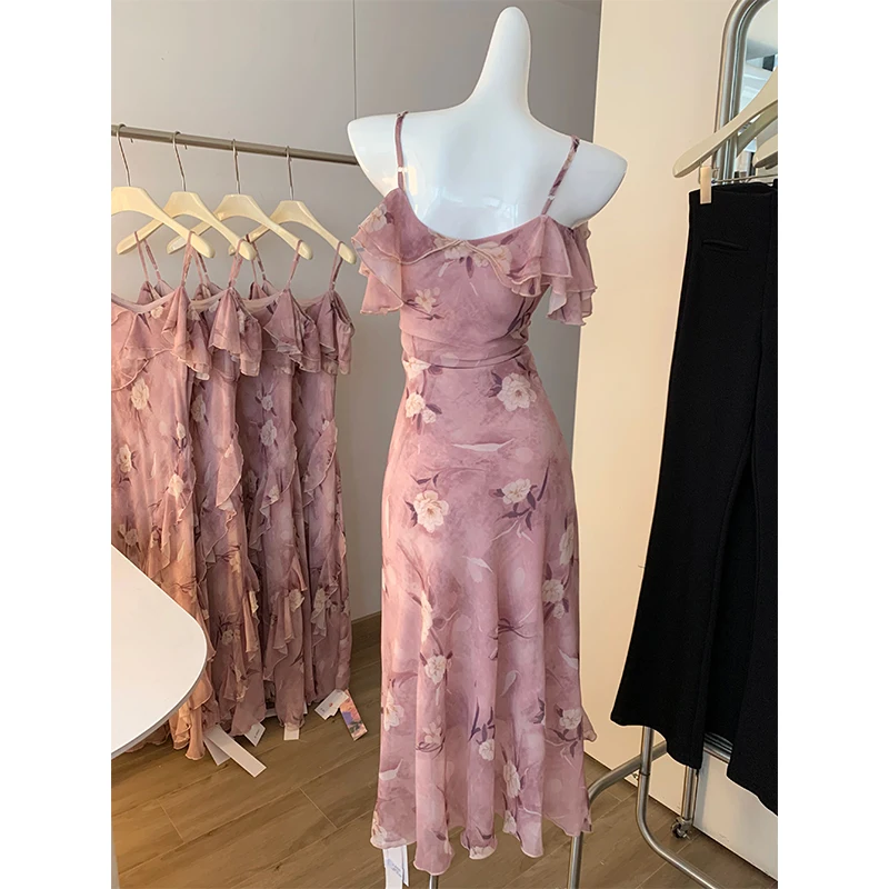 Ele Floral Print One-oulder ter Dr Women's Waist-Cinching Long Skirt Ci Commute ort Sve Polyester Fiber