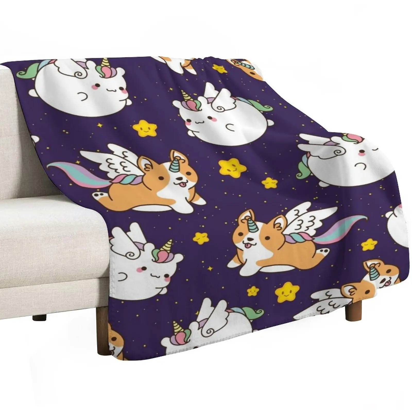 Unicorn and Corgi Unicorn Flying in the Sky Throw Blanket Bed Luxury St Plaid heavy to sleep valentine gift ideas Blankets