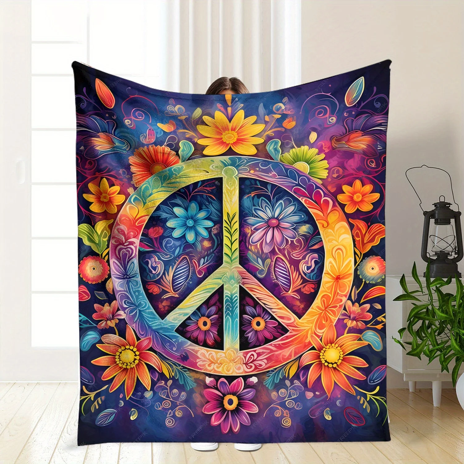 Contemporary Peace Symbol Flannel Throw Blanket - Soft Warm Knitted Polyester Shawl for Sofa,, Picnic, Travel - All-Season Versa