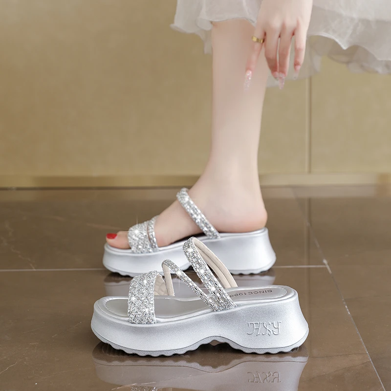 Petite Women 6CM Height Increasing Half Slides Summer Thick Platform Slippers Small Large Size for Wide Chubby Feet view 2