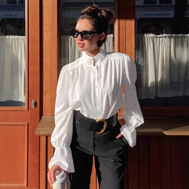 

Женская модная блузка с воротником-стойкой и рукавами-фонариками в французском стиле, весна-осень 2026