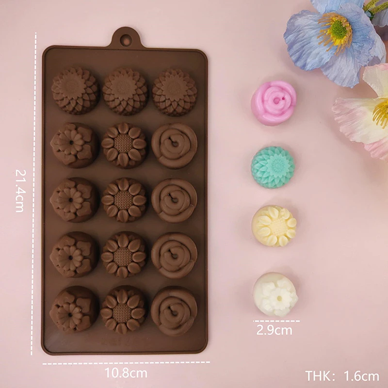 15 Cavity Chocolate Molds Rose Flower Chocolate Mould Waffle Candy Ice Cube Jelly Handmade Soap Cake Decoration Baking Mold