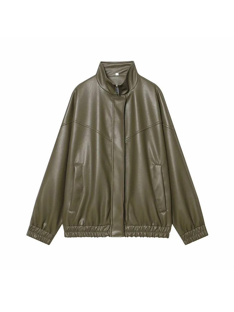Giacca da donna nuova in pelle Pu per il tempo libero con risvolto manica lunga con cerniera colletto alla coreana giacche da pilota capispalla femminile chic da strada