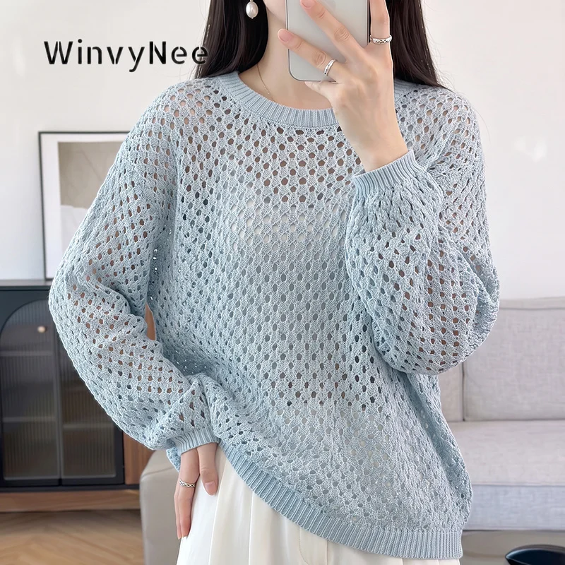 WinvyNee Women Cotton Hollow Round Neck Long Sleeve Knit Top Lightweight Oversized Commute Trendy Jumper Casual Outfit A1002085