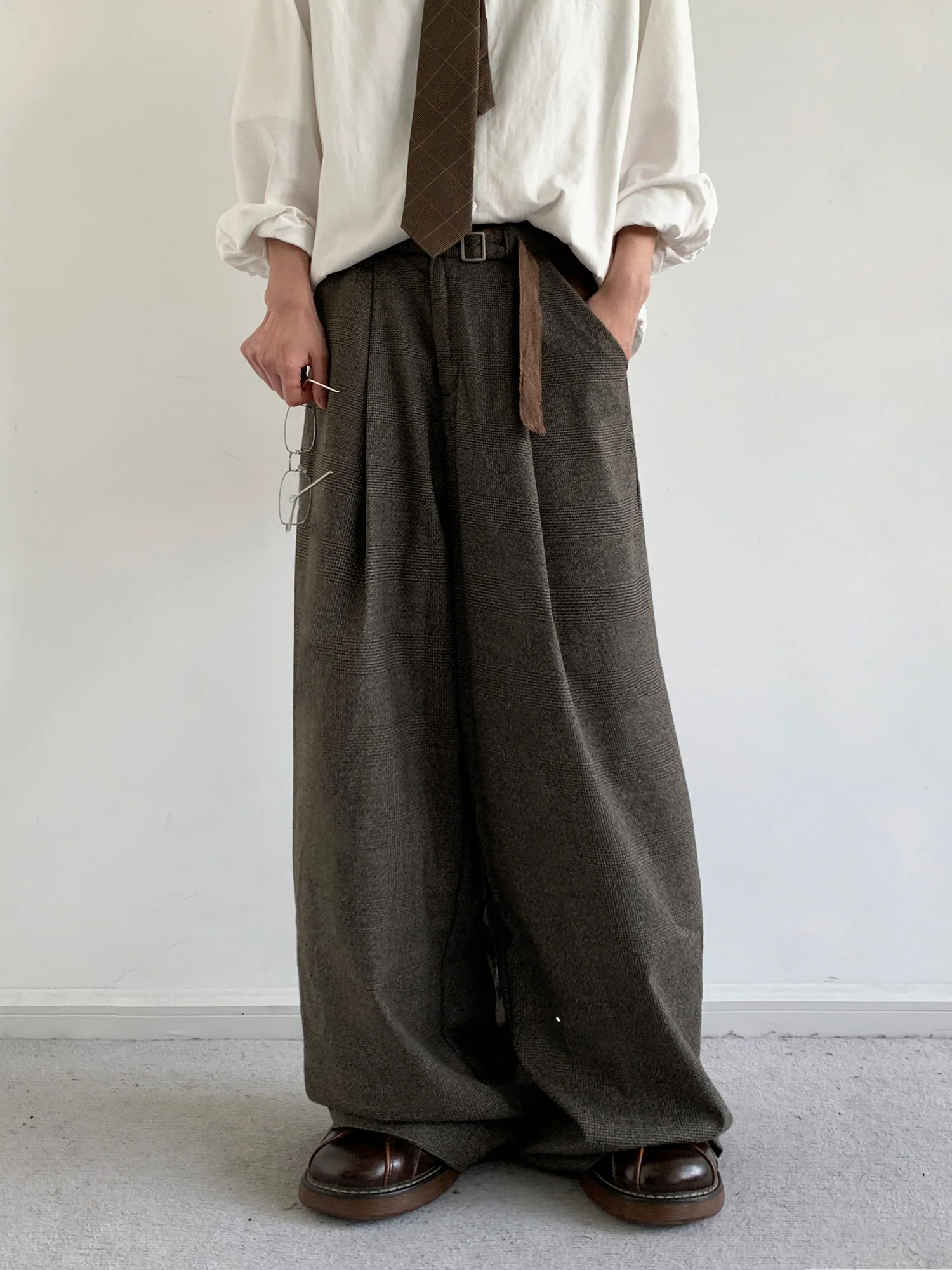 

Autumn New Men's Plaid Wide Leg Pants Retro Cheerboard Pattern Loose Fit Casual Versatile Long Trousers Youth Sle