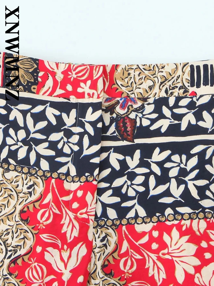 XNWMNZ 2025 Summer New Female Trendy High Waist Long Pants Vintage Woman's Bottoms Ruffles Regular Fit Pockets Print Patchwork