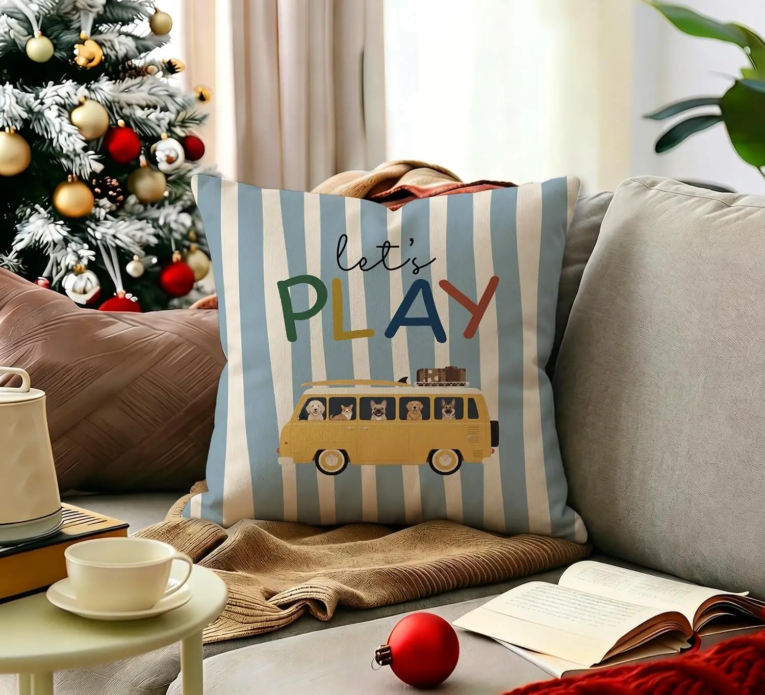 Let's Play Dog Bus Pillowcase, Cute Puppy Van Art, Blue Stripe Kids Room Cushion Cover, Cartoon Pet Lover Home Decor Gift
