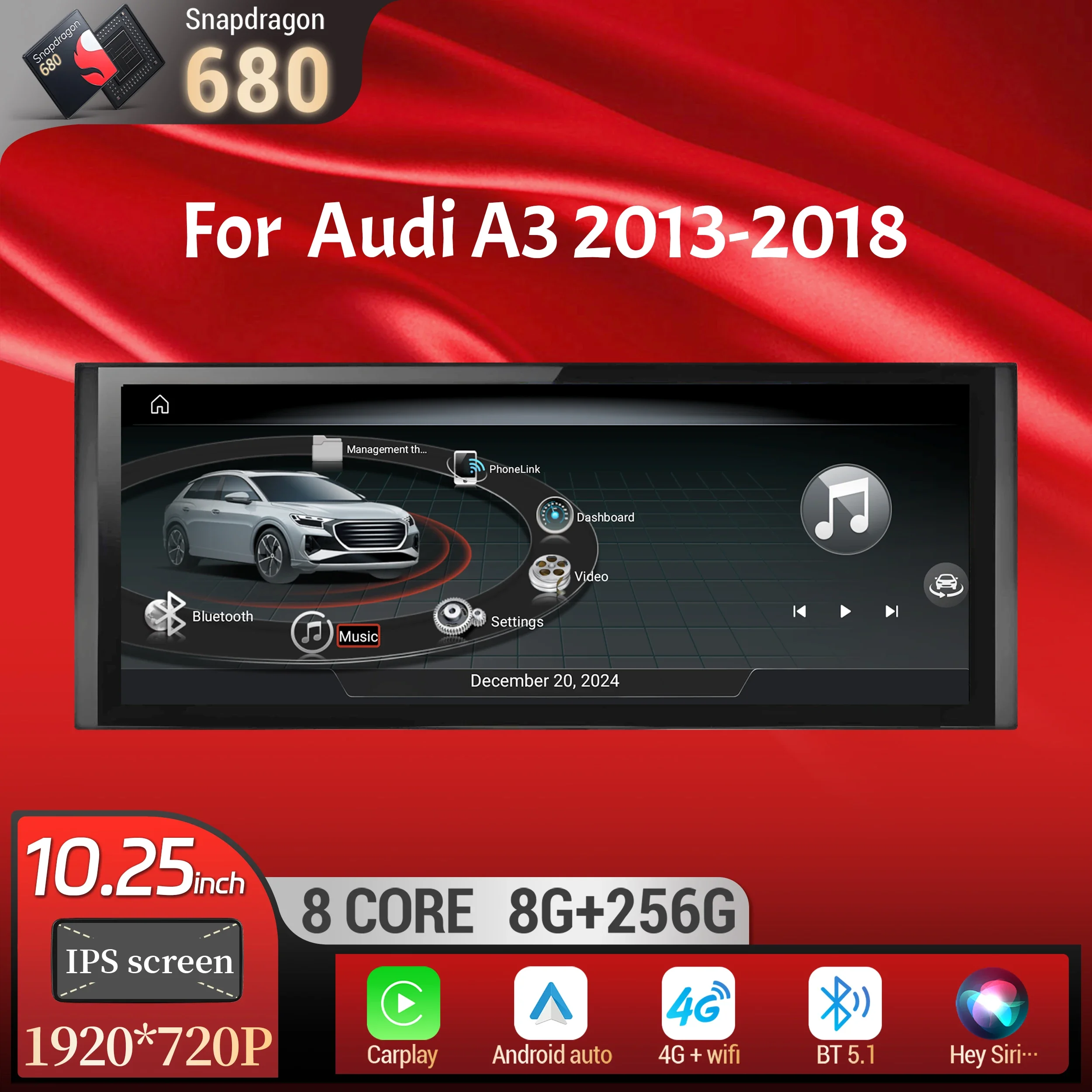 

10.25 inch Android 13 For Audi A3 2013-2018 Car Radio Wireless Bluetooth Carplay Head Unit Qualcomm Snapdragon 680 Touch Screen