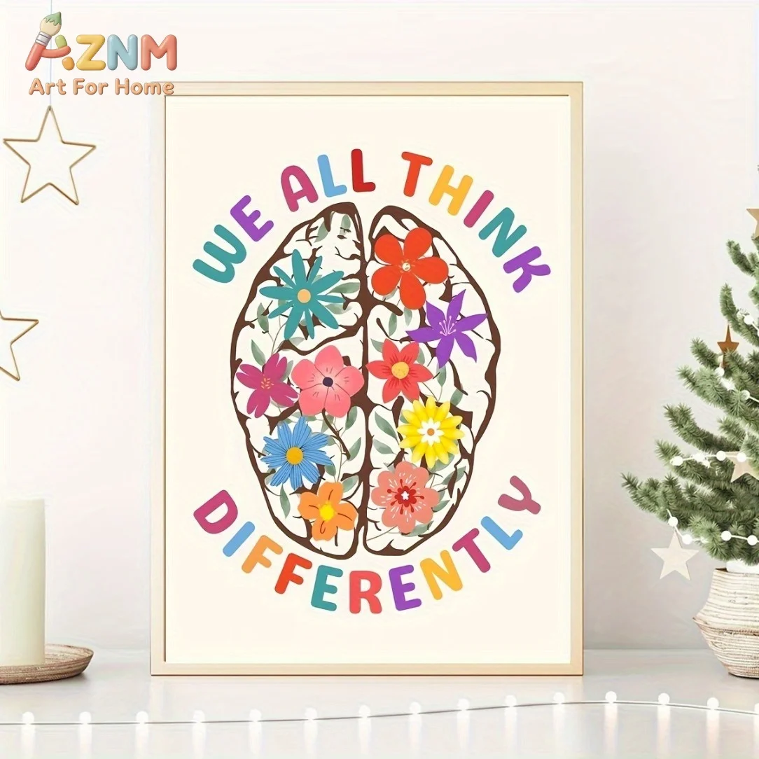 AZNM We All Think Differently Canvas Wall Art Colorful Floral Brain Poster Neurodiversity Special Education Classroom Decor Unfr