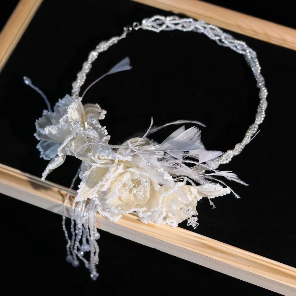 Fada requintado nupcial headbands pena pérolas noiva headdress flor luxo casamento headwear