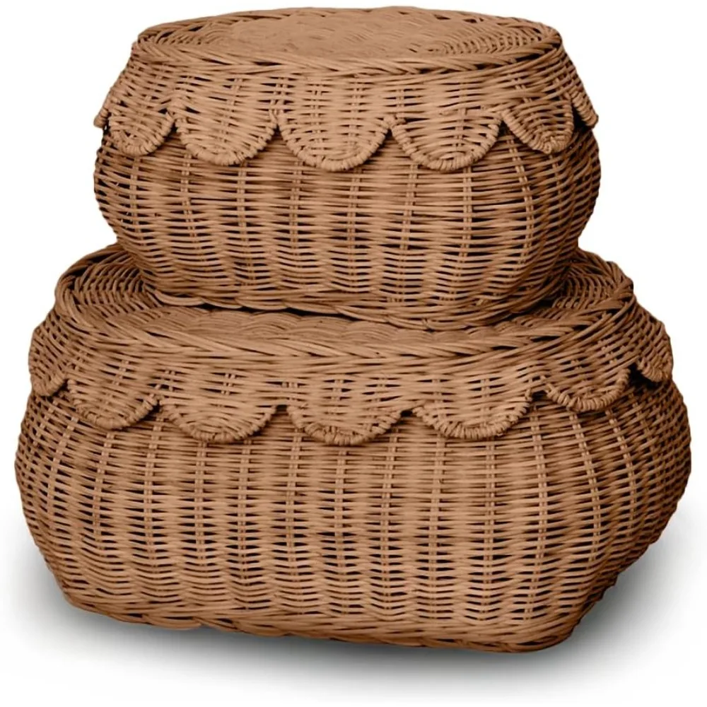 

2-Pack Award-Winning Scalloped Edge Wicker Baskets 15"x10"x6" Mocca Hand-Woven Storage for Nursery