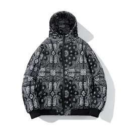 Winter Jacket Men Bandana Print Patchwork Cotton Padded Coat Thick Warm Hooded Varsity College University Outerwear New 2024