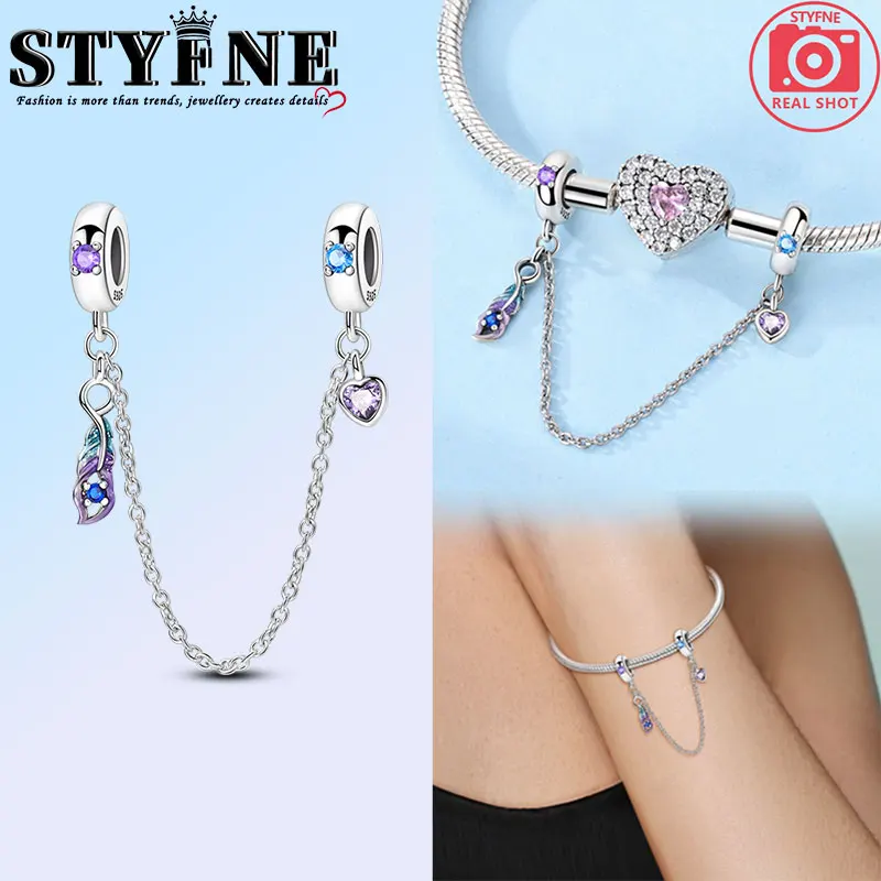 Symbols Beads 925 Sterling Silver Blue and Purple Lucky Feather Heart Shape Safety Chain for Women's Jewelry DIY Pulseras Gift