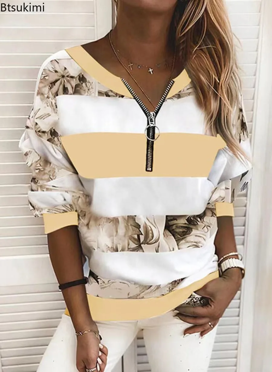 2024 Women's Spring Autumn Hoodies Trend Colorblock Design Loose Casual Long Sleeve Sweatshirt Female Print Half Zip V Neck Tops