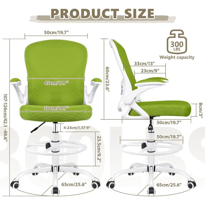 Drafting Chair, Tall Office Chair Ergonomic Standing Desk Chair, Lumbar Support Computer Chair Swivel Task Rolling Chair(Green)