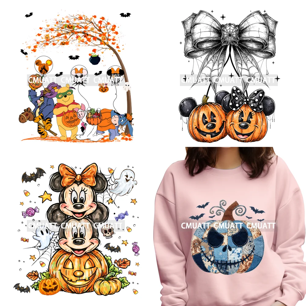 Amici dei cartoni animati Halloween Coquette Patchwork Zucca Vibrazioni spettrali Design Termoadesivo per trasferimento DTF Pronto da premere per la maglietta