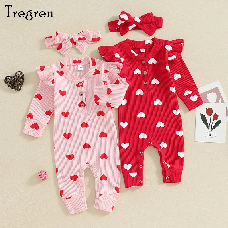 Tregren Baby Girls Rompers Valentine\'s Day Clothes Heart Print V-Neck Buttons Long Sleeve Jumpsuit and Headband Toddler Bodysuit