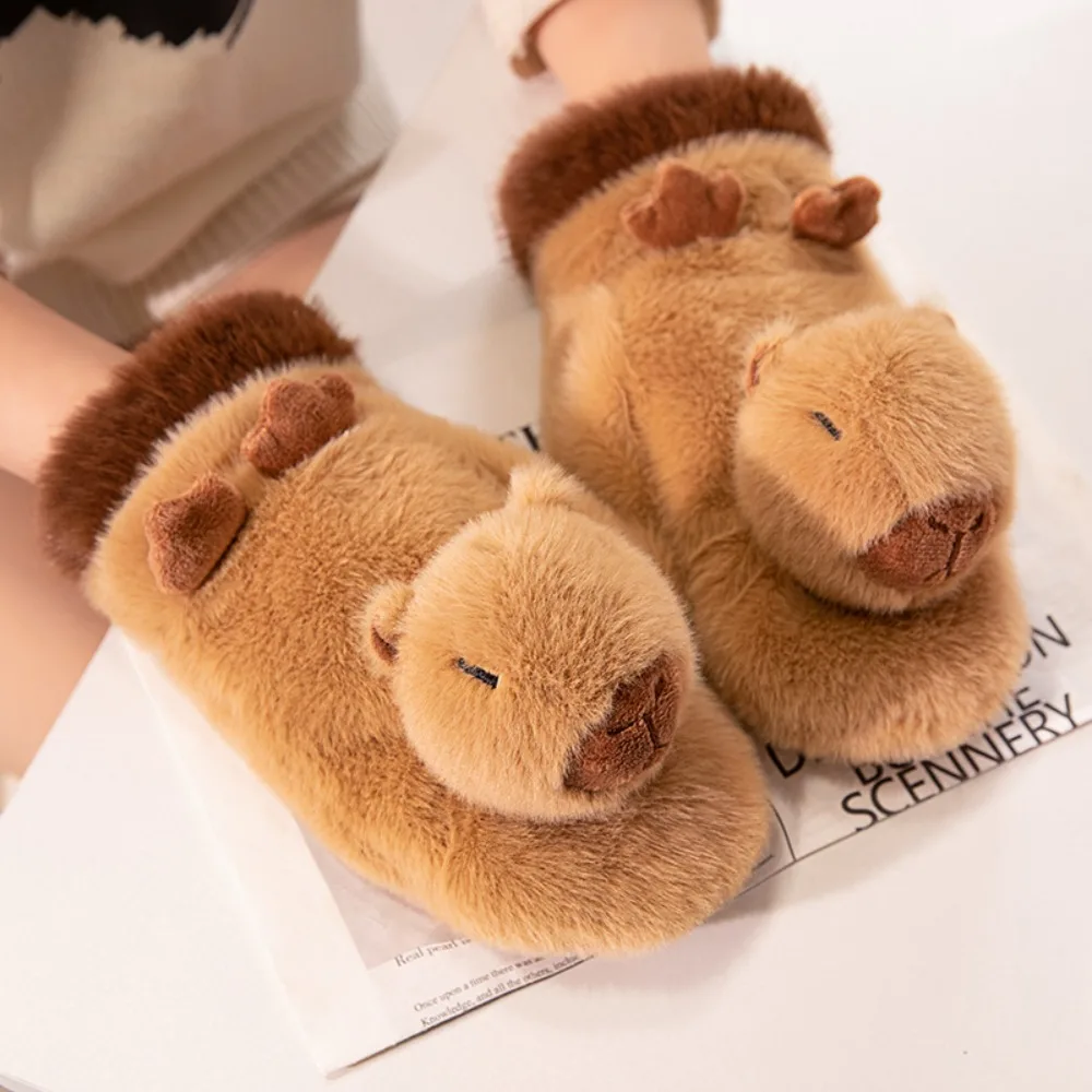 Animal Capybara Gloves Cute Plush Thick Winter Warm Hands Wear Gloves Windproof Soft Plush Gloves Winter Thermal Snow Mittens