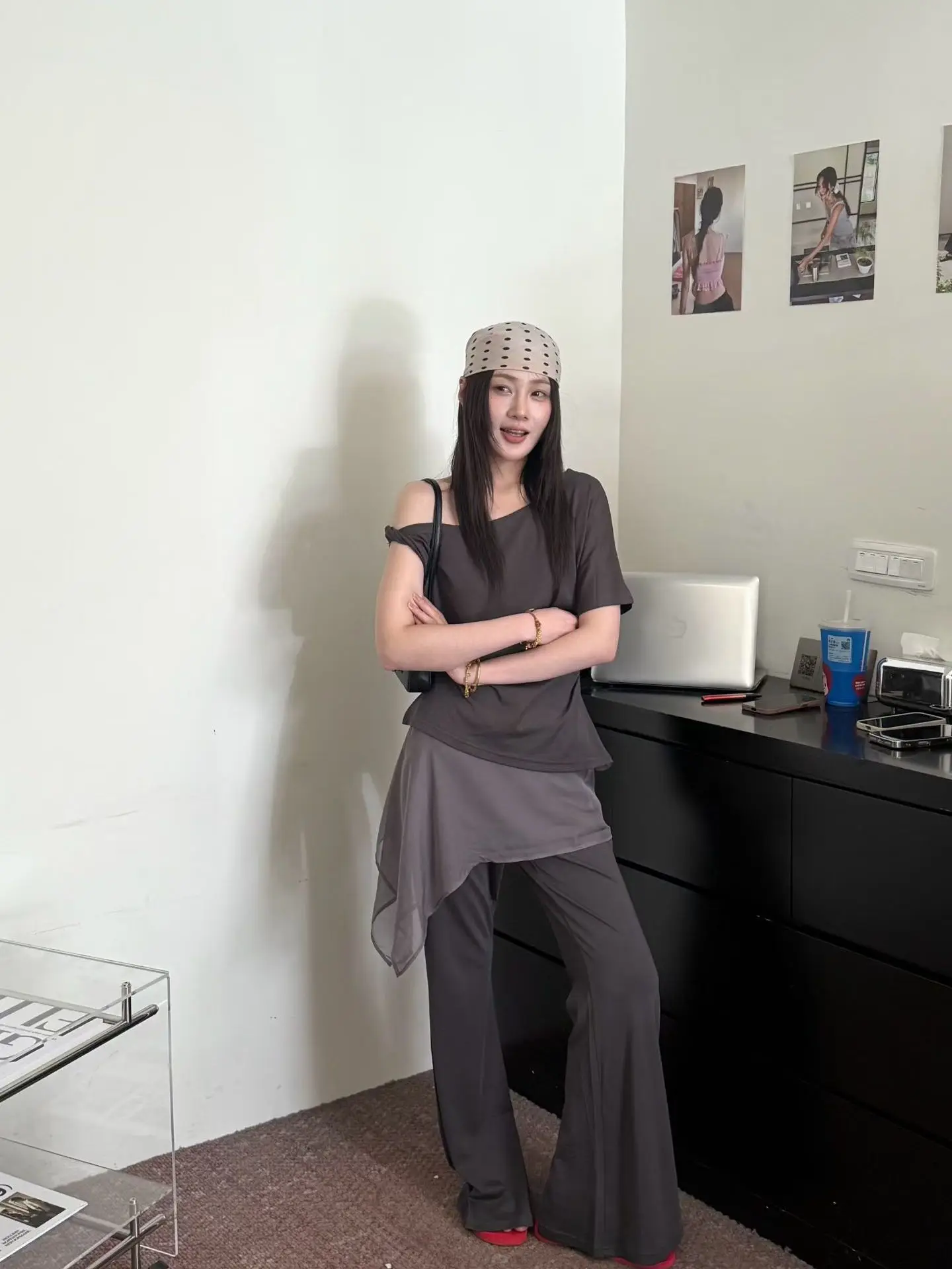 

Korean Style Cold Tone Shoulder Bared T-Shirt Skirt Layered Wide Leg Pants Summer Fashionable Set Women's High Waist Long Pants