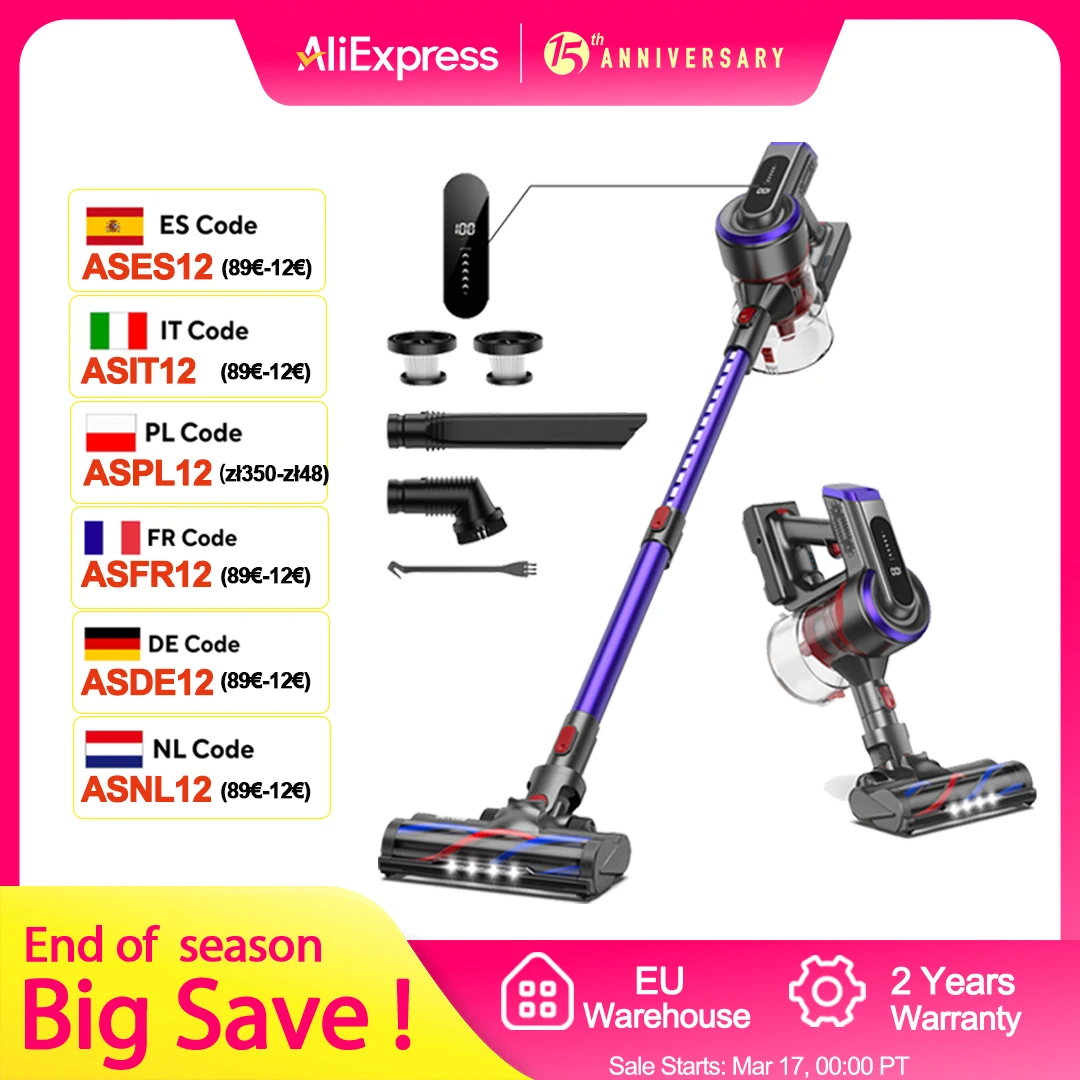 BUTURE 450W 38Kpa Handheld Wireless Cordless Cleaner Vacuum with Touch Display and 1.5L Large Dust Cup for Floor Carpet Car Pet