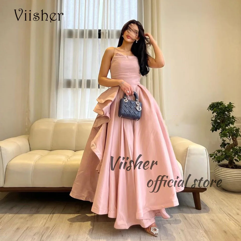 

Viisher Pink Satin Evening Dresses for Women Pleats A Line Saudi Arabia Formal Dress Floor Length Celebrate Event Gowns