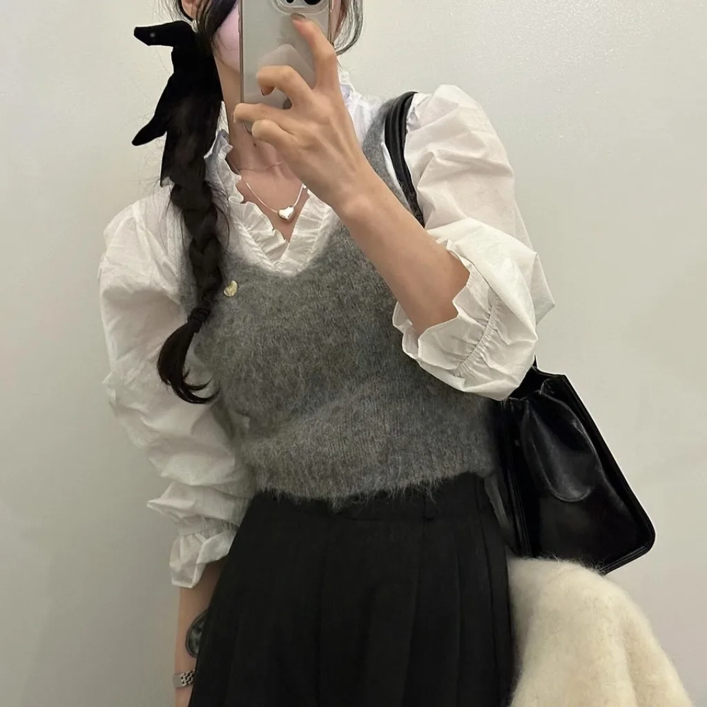 Wit Katoen Bubble Sve irt Dames Long Sve V-ne Geplooid Gored Yoke Lenteontwerp Faionable Casual Ademend