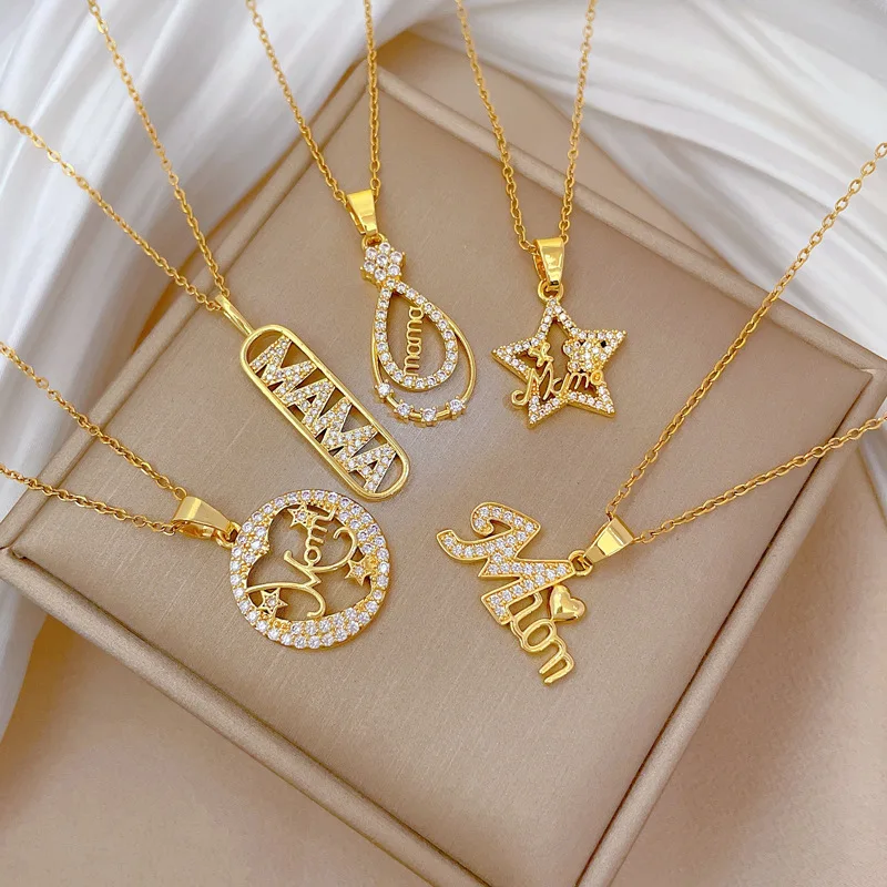 Top Luxury Crystal Endless Heart Love Mama Pendant Necklace For Women Stainless Steel Jewelry Female Mother's Day Neck Chain