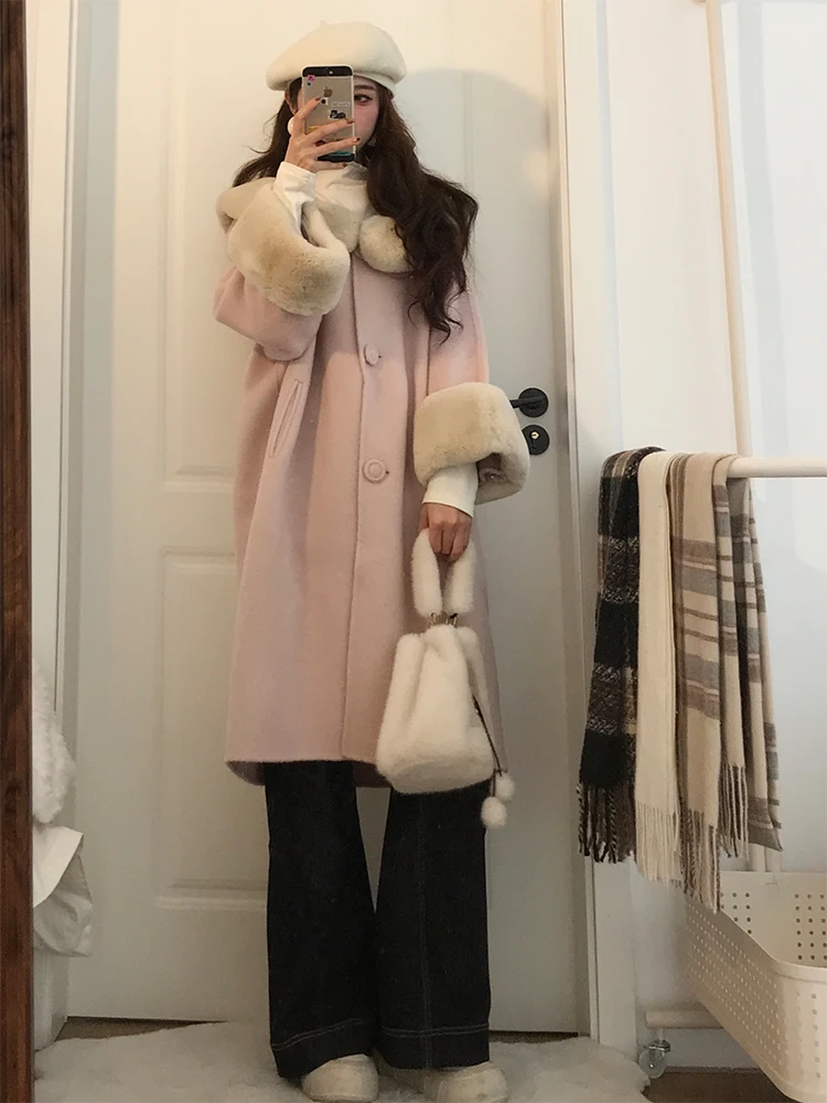 甘いピンクのウール襟スプライシングコート女性の冬の新しいSleミディアム丈ルーズウールコート優しい風Sleファイオナブル
