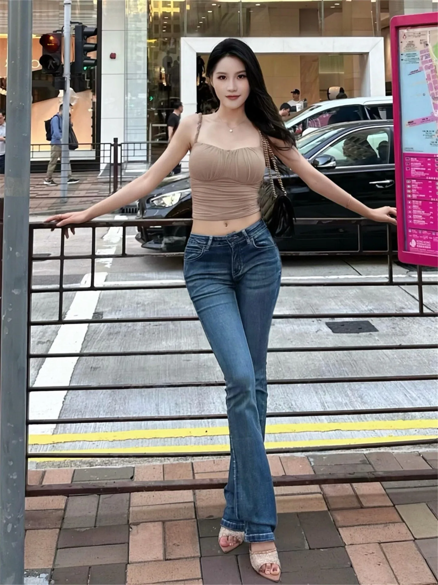 Retro Low Waist Blue Jeans Women's Slim Fit Street Style Summer Spring Fashionable Cuffed Cotton Denim Pants Ladies
