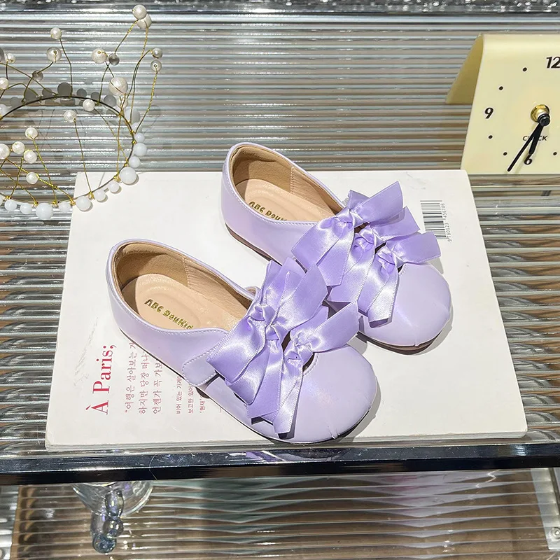 Girls Bow Mary Janes Children Silver Anti-Slip Purple Flats Princess Casual Student Ballet Shoes