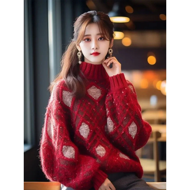 Red Mock Neck Sweater Women Autumn Winter Simplicity Office Lady Loose Warm Knitwear Fashion All-match Temperament Knitting Tops