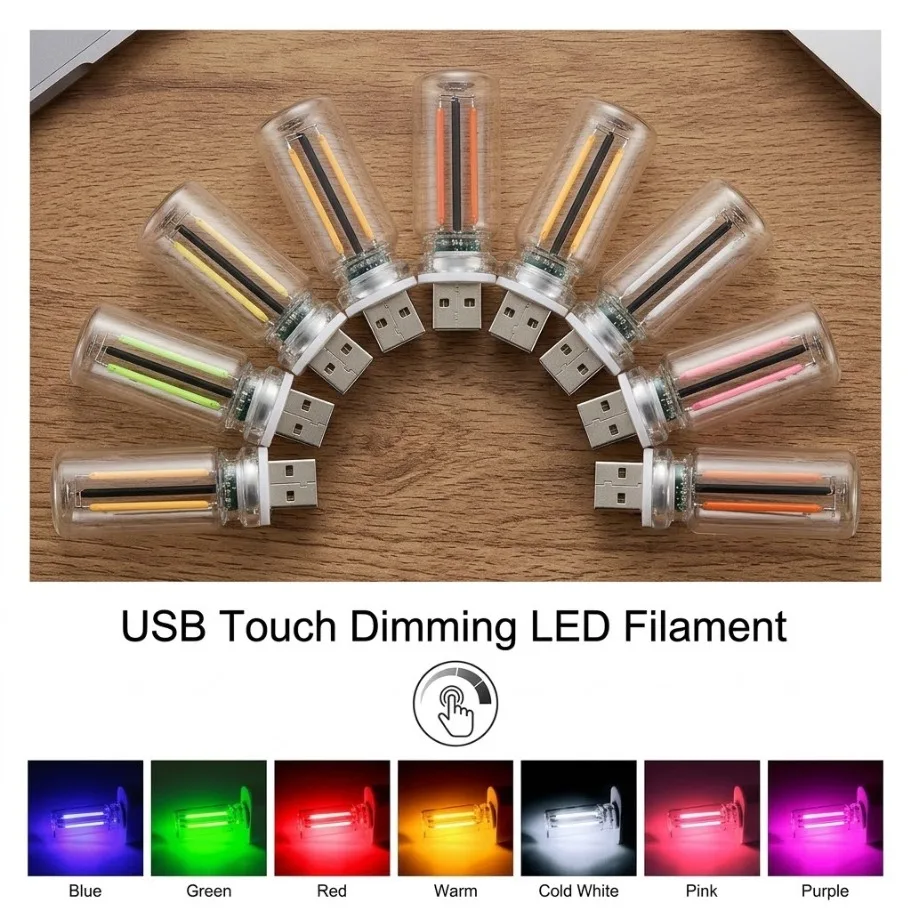 5V USB Touch Dimming LED Filament Bulb Mini USB Plug Night Light 7 Colors Glass Retro Lamp for Bedroom Decor Atmosphere Lighting