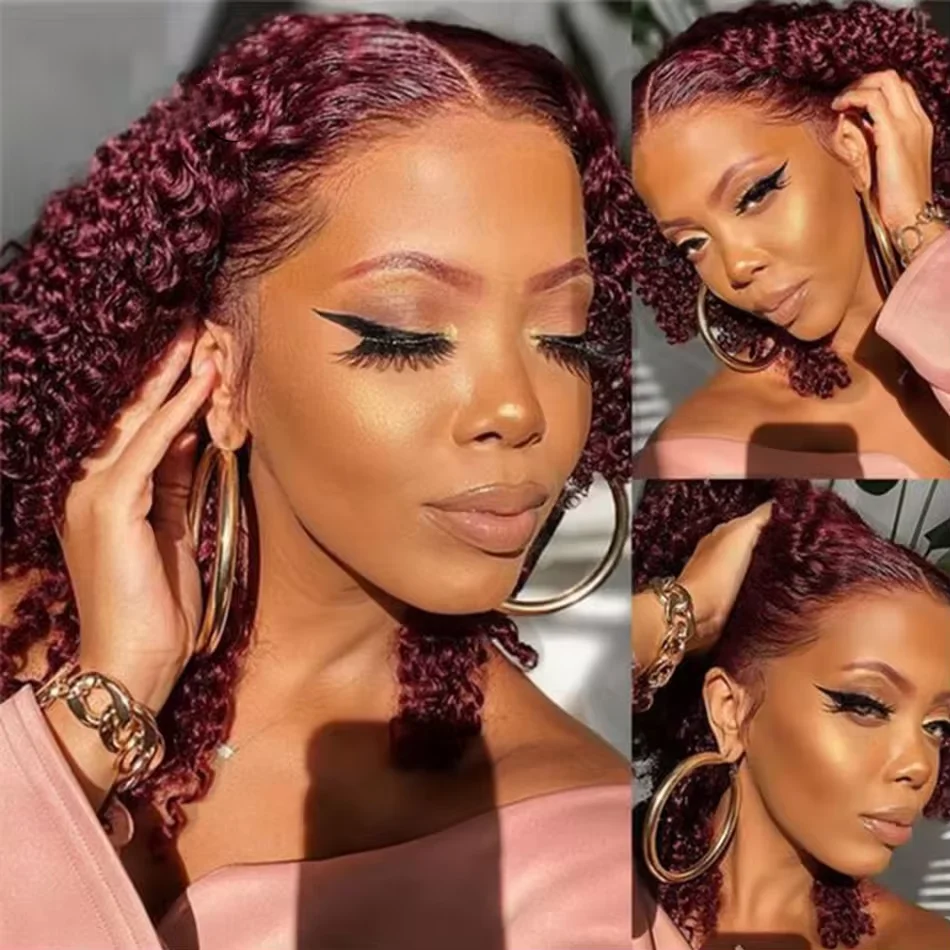 13x4 Bob Wigs 99J Burgundy 16Inch Water Wave Lace Front Curly Wig Brazilian Transparent Lace Human Hair Short Wigs for Woman