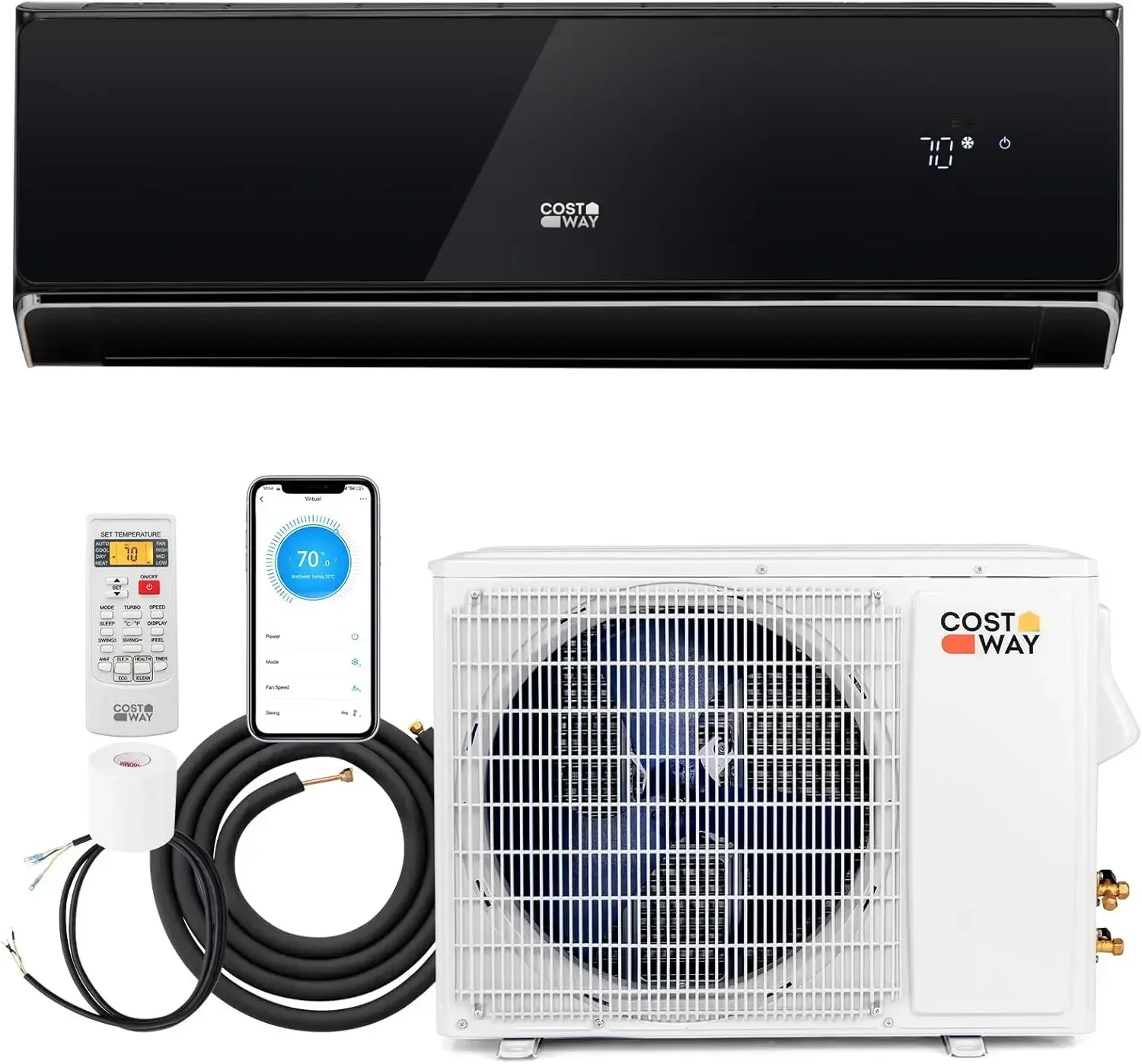 COSTWAY 18000 BTU Wifi Enabled Mini Split Air Conditioner & Heater, 21 SEER2 208-230V Inverter AC Unit Cools up to 1250 Sq