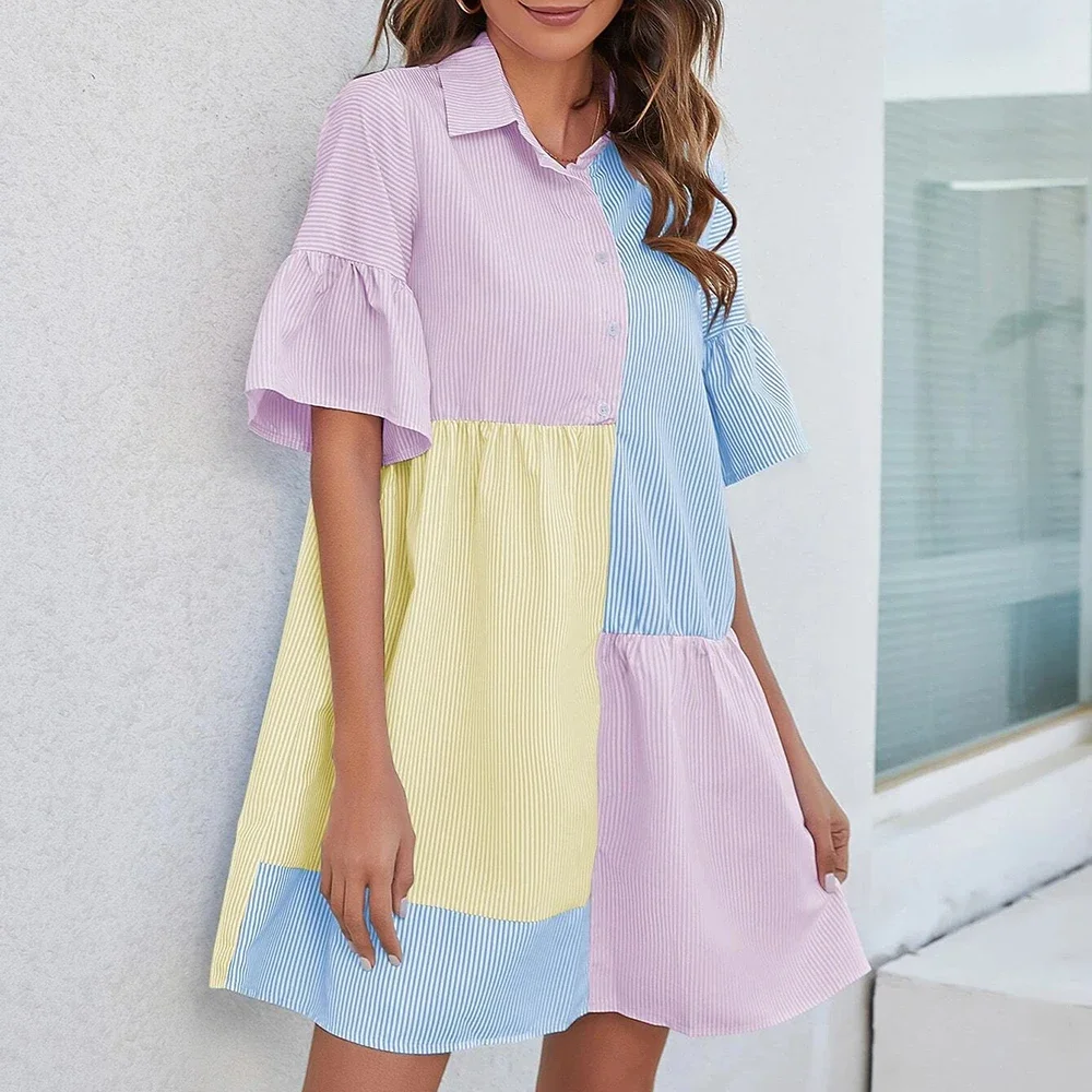 Dresses Spring Summer Cute Fashion Patchwork Short Sleeve Shirt Collar Mini Casual Shirt Dresses For Women