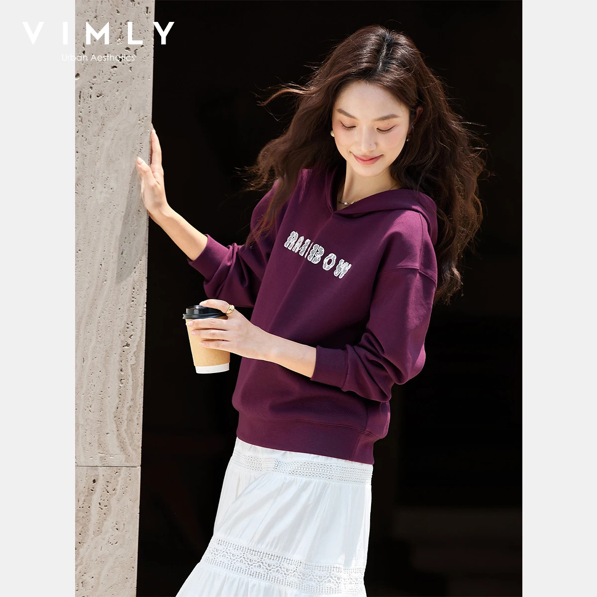 VIMLY Hoodies Woman Letter Embroider Purple Autumn 2025 New Casual Long Sleeve Loose Tops Sporty Knitted Sweatshirt Female A1977