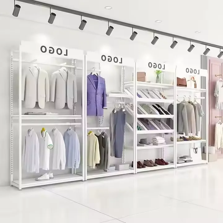 Rak Pajangan Toko Ritel Custom, Rak Pameran Logam, Rak Pajangan Baju Kayu dan Stainless Steel OEM Supermarket untuk S