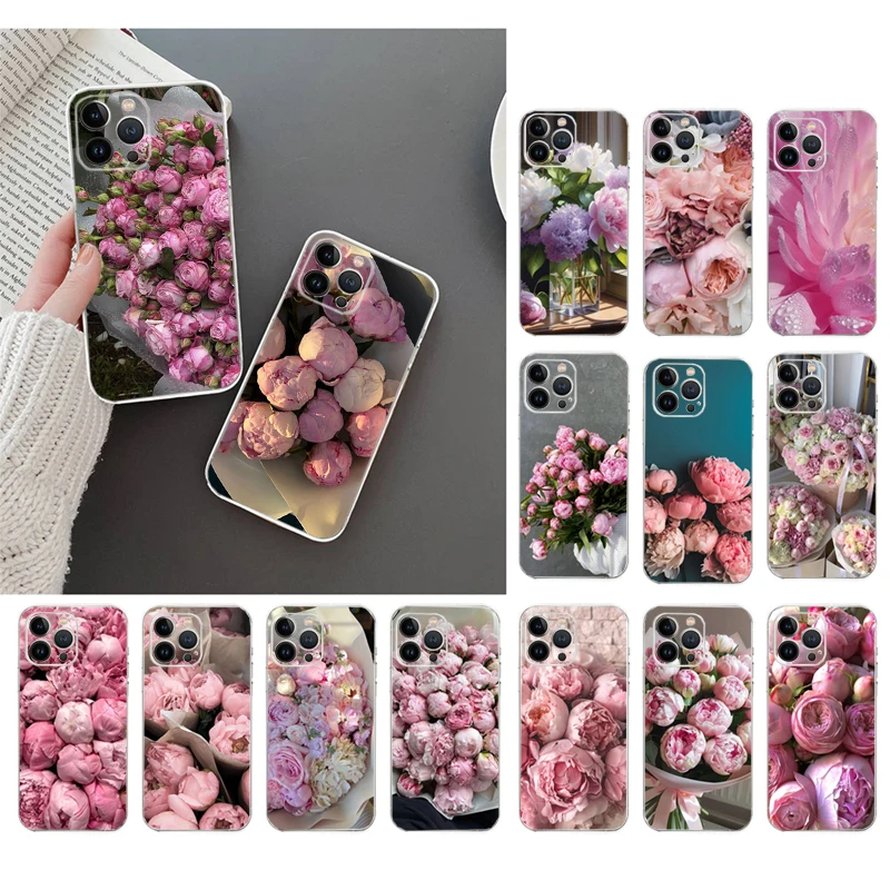 Pink Peony Rose Flower Phone Case For iphone 16 15 14 Pro Max 16 15 14 13 12 Pro 15Plus iphone 11