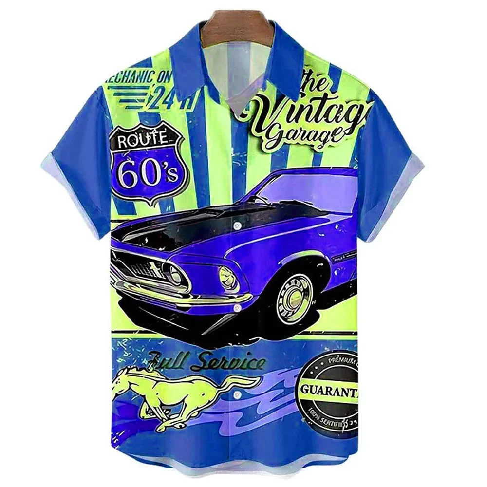 

Boutique Vintage Car Print Short-Sleeved Shirt Men's Fashion Top Men's Casual Clothing Men's Breathable Sweat-Absorbing Cardigan