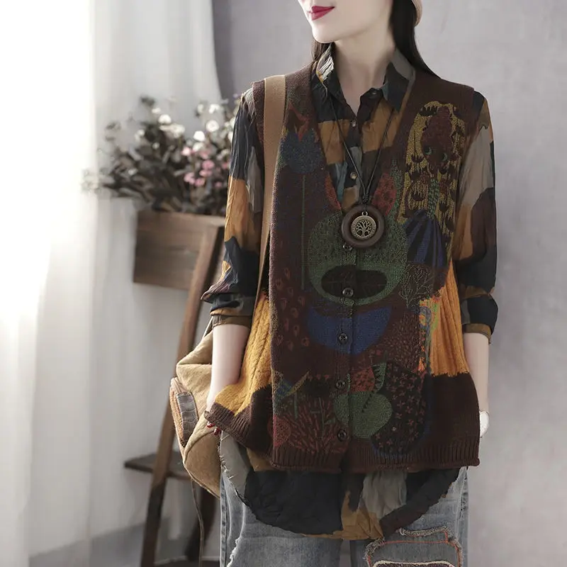 Vintage Women Sweaters Cardigan Vest Spring Autumn New V-neck Sleeveless Fashion Loose Female Korean Clothing Casual Tank Top