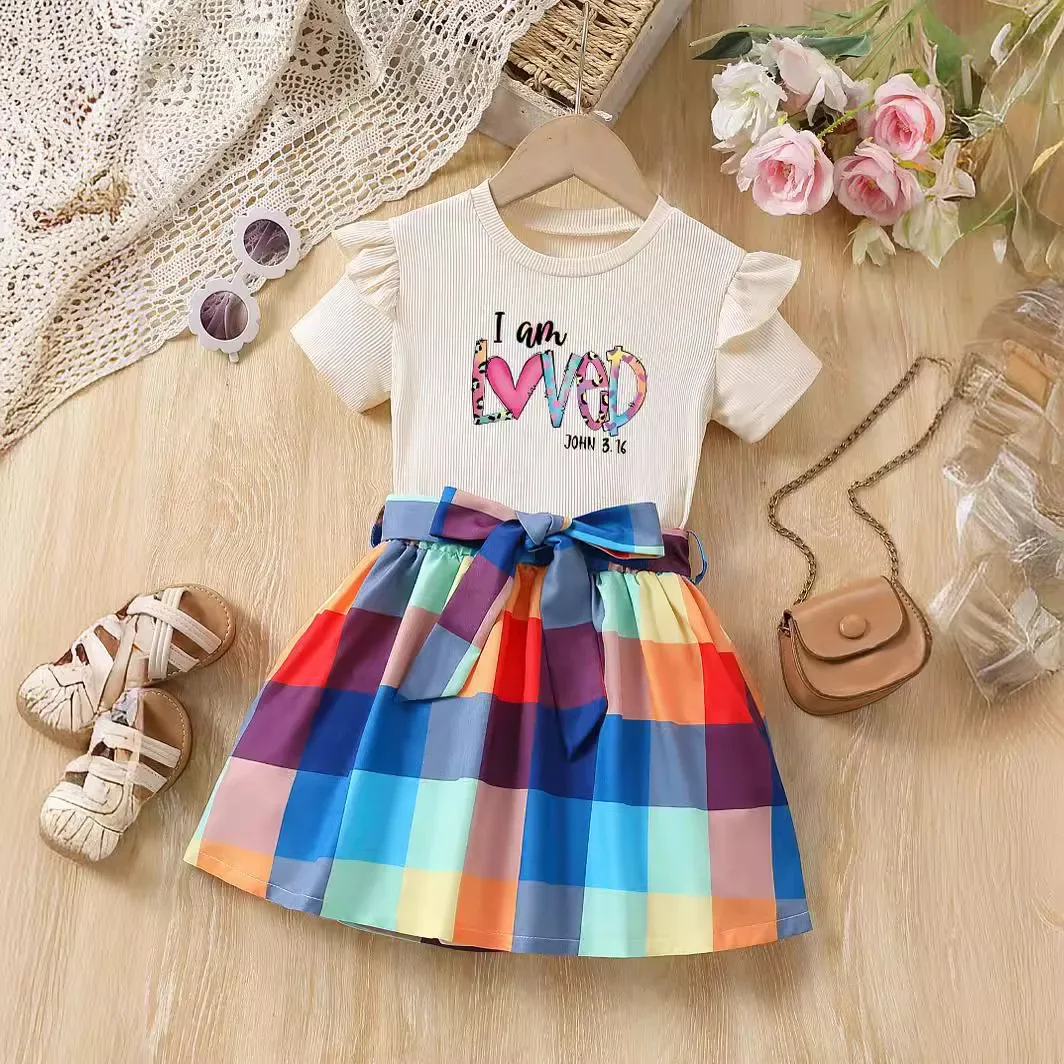 Conjunto de ropa de verano para niños y niñas, camiseta de manga corta con estampado de letras, Top + falda a cuadros, ropa de dos piezas