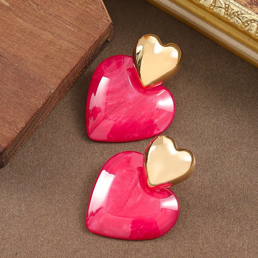 

2PCS Vibrant Pink Heart Acrylic Earrings With Metallic Gold Accent For Women