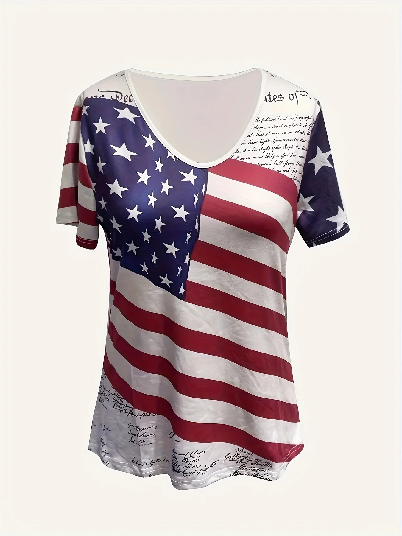 Women V Neck Short Sleeve T-shirt Vintage USA American Flag Script Print Summer Casual Loose Tops