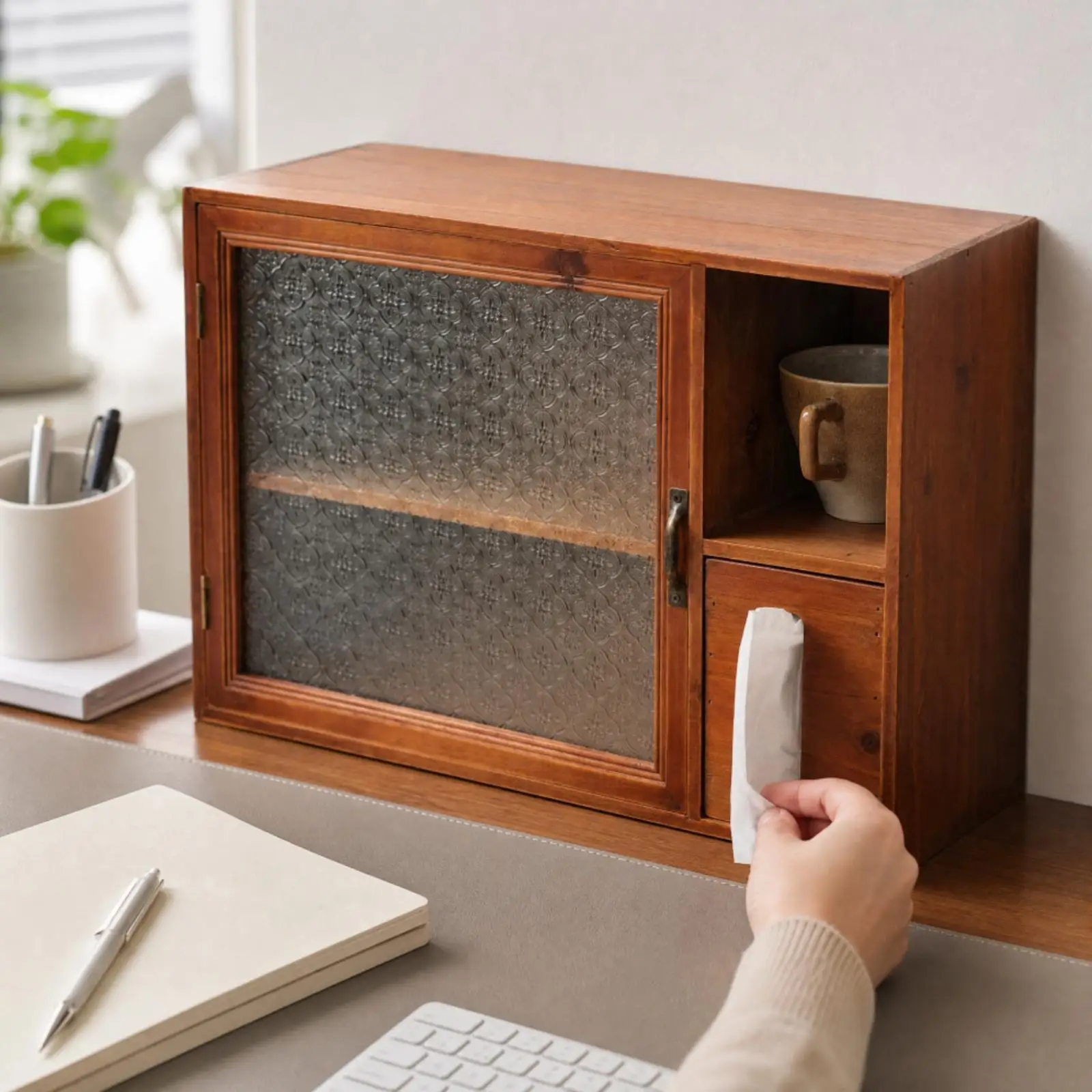 Desktop Cabinet with Tissue Box Holder No Assembly Required Retro Desktop Storage Cabinet Freestanding for Coffee Station,