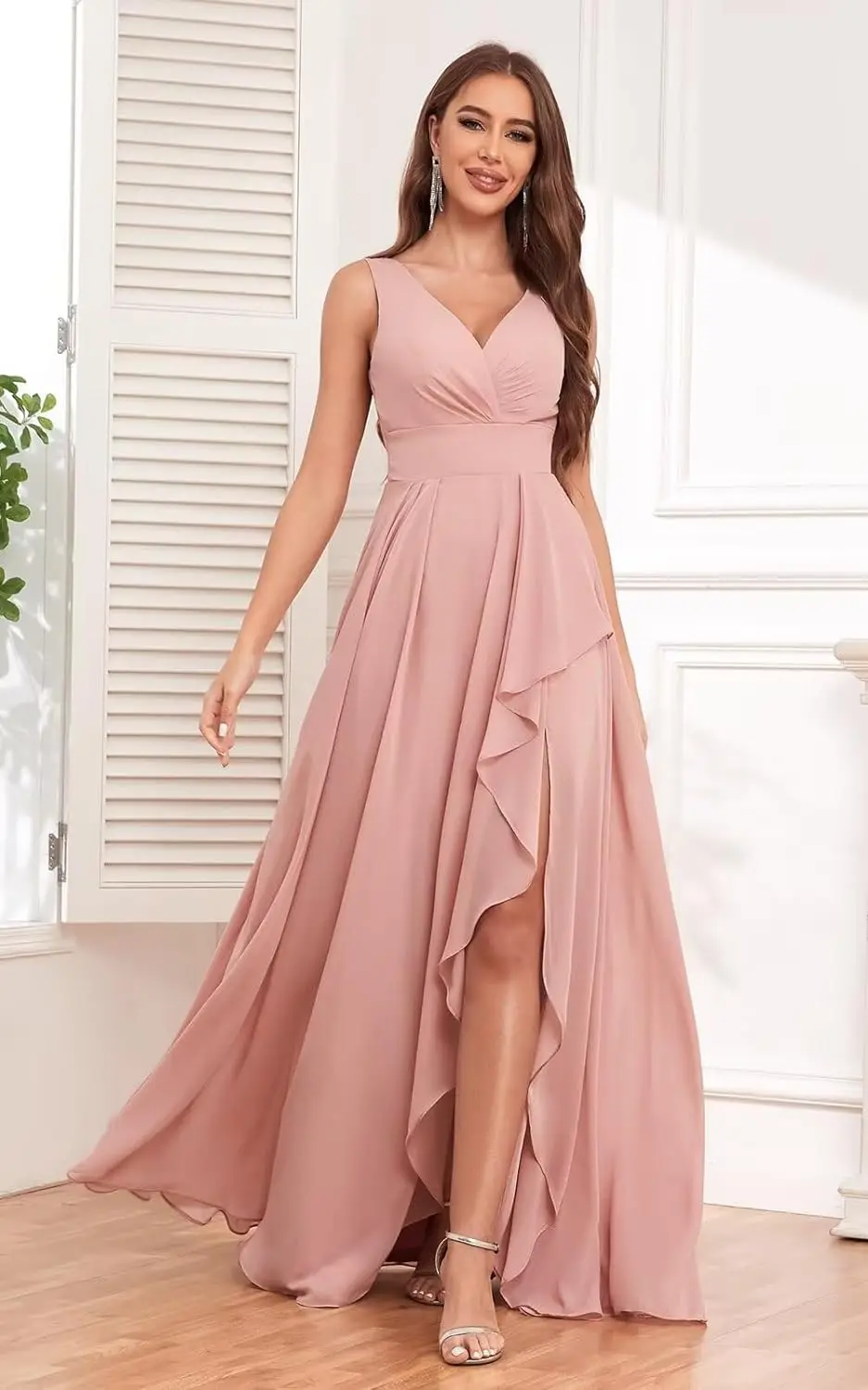 

V-Neck Chiffon Ruffle Long Bridesmaid Dress with Slit Ruched A Line Formal Dresses Evening Gowns Dress evening dresses wedding