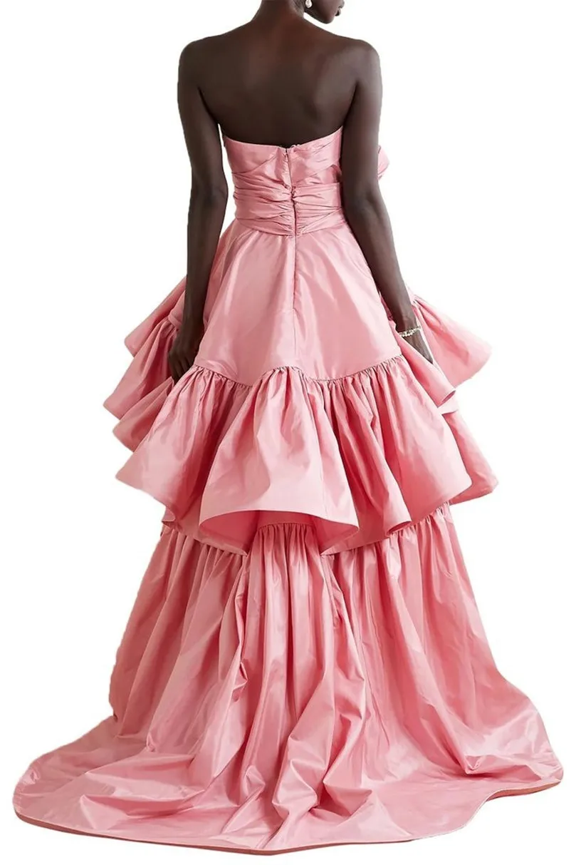 Vestidos de noche de tafetán rosa personalizados con volantes, corte en A, sin mangas, con gradas, vestido de fiesta para mujer