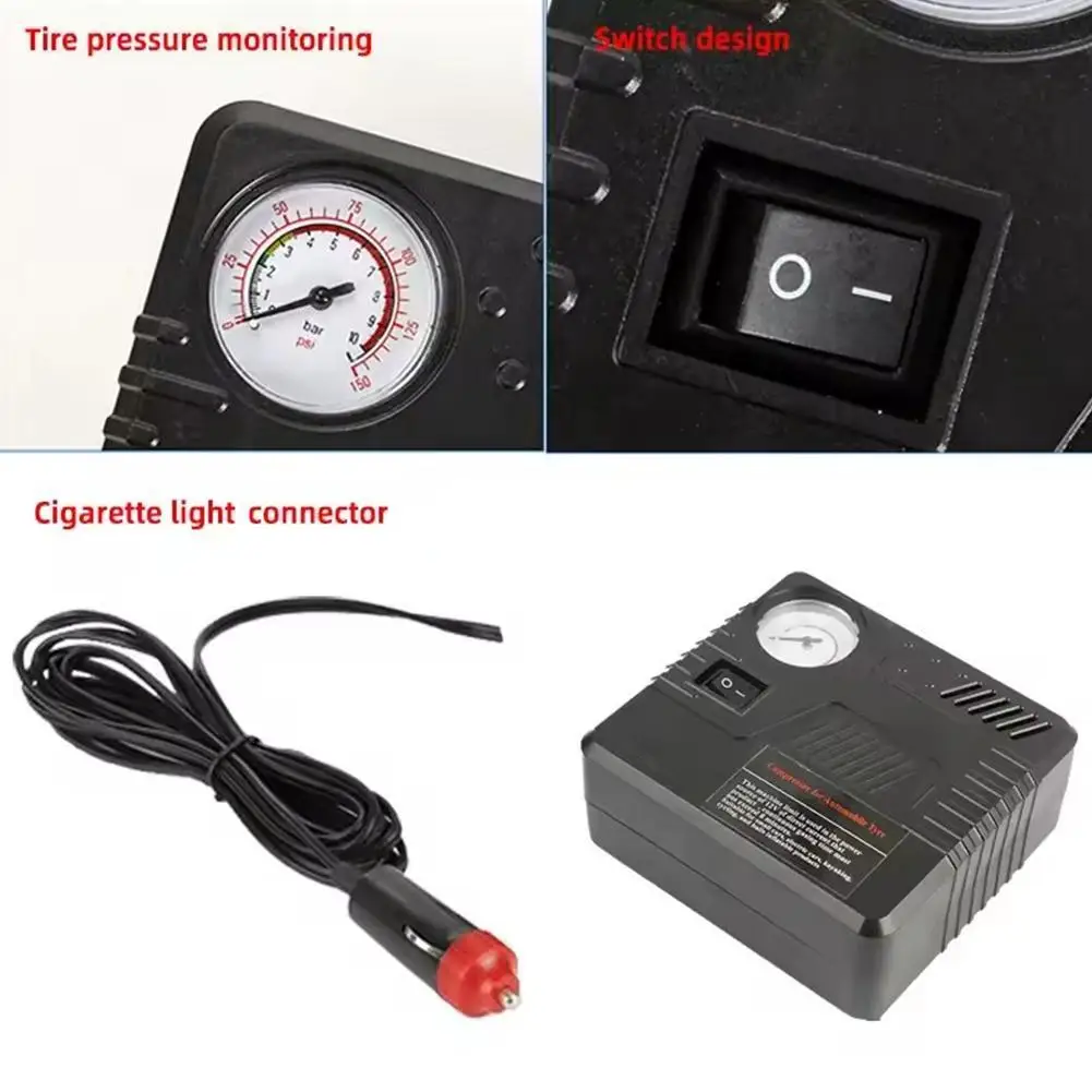 

Car Emergency Auto Air Pump DC 12V Tire Inflator Tool Pressure Gauge Cigarette Lighter Connector Compact & Portable High Quality