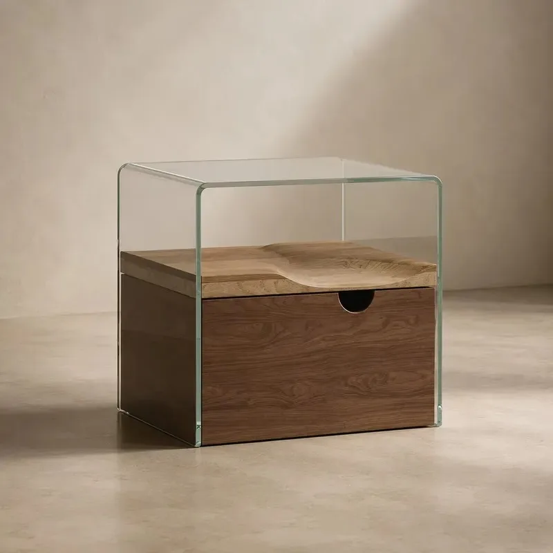 Modern Bedside Table with Drawers Curved Glass U-Shaped Solid Wood Oak Walnut Nightstand Simple Luxury Bedroom Furniture