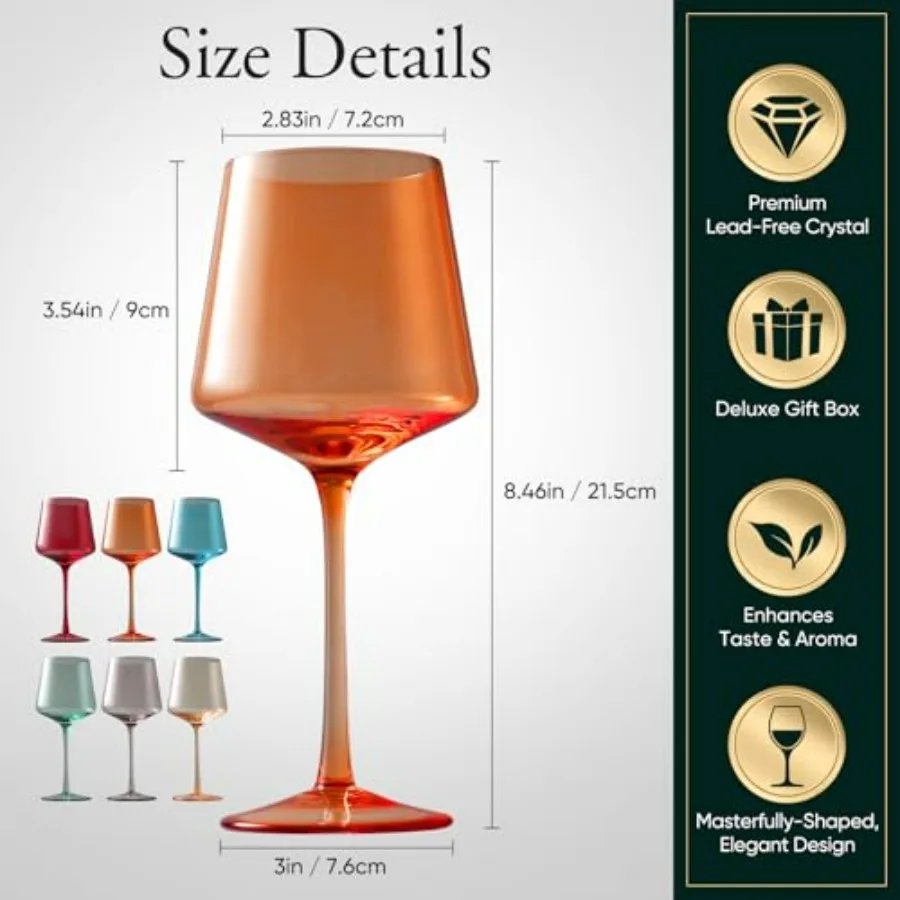 Colorful HandBlown Crystal Wine Glasses Set of 6 19oz with Unique Long Stem for Elegant Dinner Parties Wedding Anniversary Chri