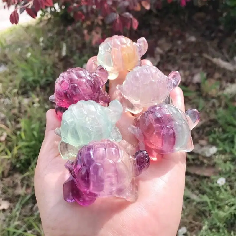 

Natural Rianbow Fluorite Tortoise Carivng Hand Crystal Carved Figurine Energy Gemstone Crafts Home Decoration Gift 1pcs